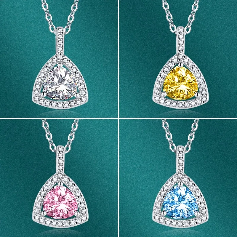 New Women's Triangle Necklace Pendant Pink/Yellow Shiny Cubic Zirconia Wedding Engagement Bridal Fine Jewelry