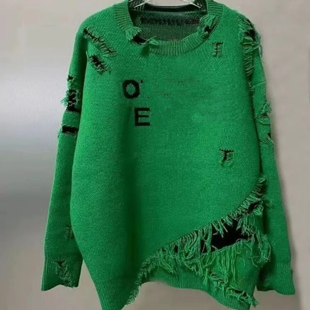 Stylish women's sweater Vintage green knit sweater ripped out letter jacquard loose white long-sleeved top
