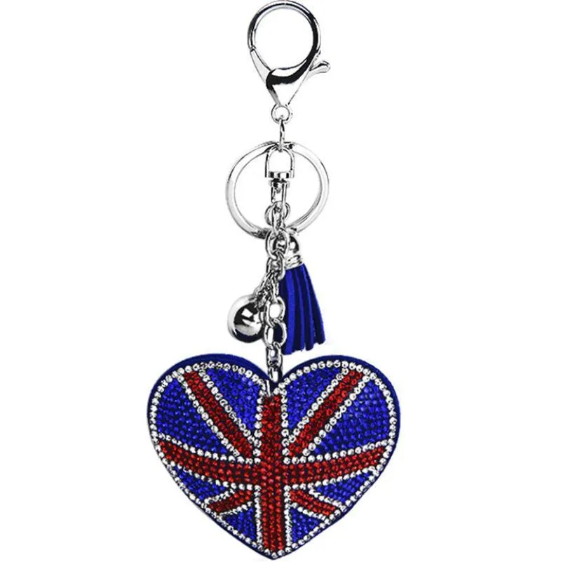 Creative british and american flag pattern Key Rings with filled rhinestone fashion bag pendant Ladies luggage car accessories