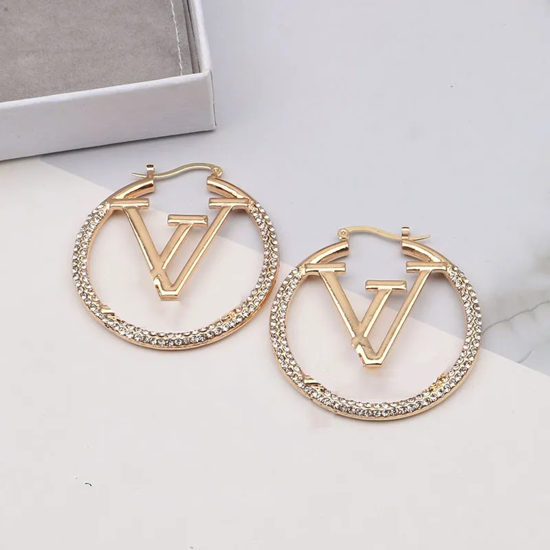 Luxury Big Gold Hoop Earrings for Lady Women 4cm 5 cm Circle Girls Rhinestone Letter Ear Studs Design Wedding Jewelry Earring Valentines Day Gift Engagement for Bride