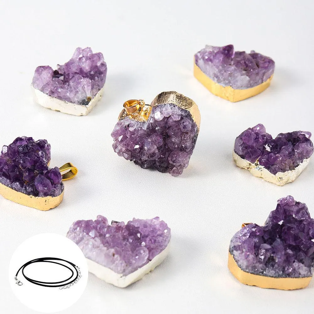 Natural Amethyst Cluster Crystal Pendant Love Gift Chakra Healing Reiki Mineral Quartz Energy Rough Stone Necklace with leather rope