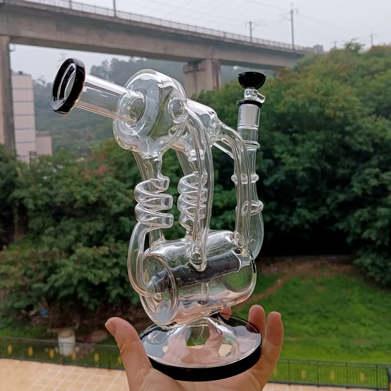 Black Glass Water Recycler Bong Hookahs Oil Dab Rig Rotary Percolators Pipe för rökning med 14 mm fog