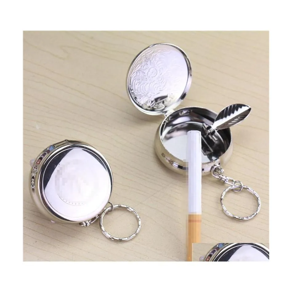 Ashtrays Mini Portable Stylish Simple Metal Round Embossed Small Ashtray Smoking Accessories Mtipattern With Keychain Xg0218 Drop De Dhdij