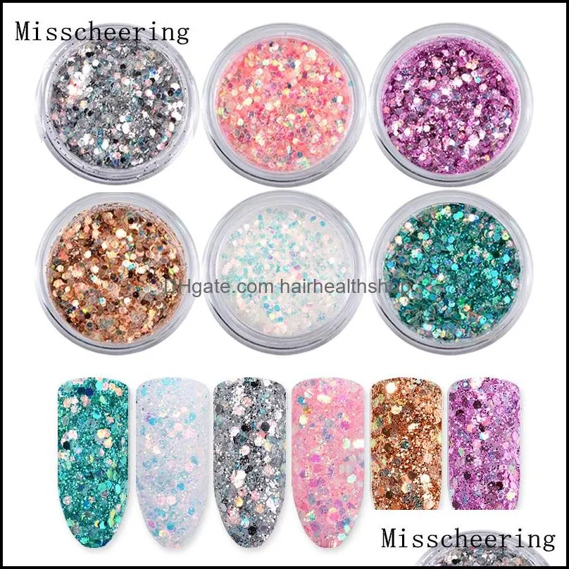 Nail Glitter 6Boxes / Set Paillettes en poudre mélangées au laser Shinning Colorf Flakes 3D Diy Charm Dust For Art Décorations Drop Delivery Health Dhejb