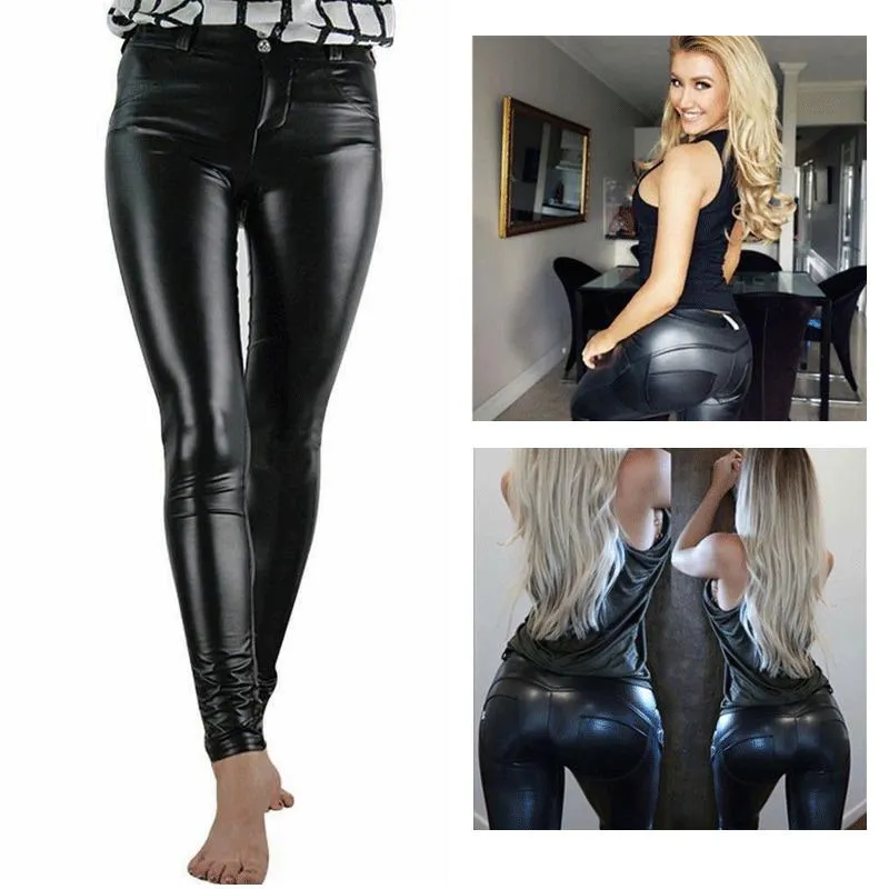 Women Wet Look Faux PU Leather Leggings High Waist Skinny Stretch Trousers  Pants