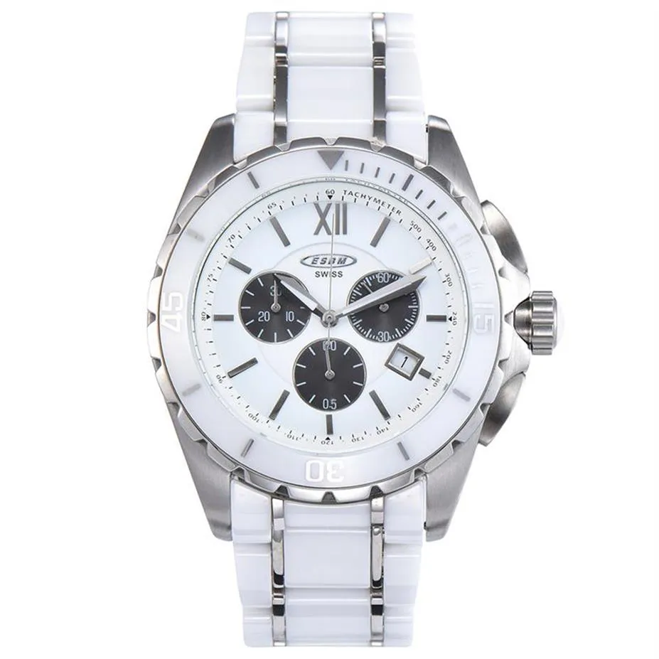 New Men Quartz Watch White Ceramic Two-tone Stainless Steel Back Dial Silver Hands chronograph2442249P