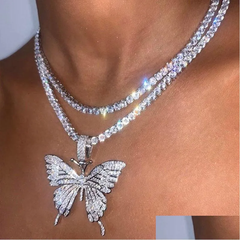 Collane con ciondolo Dichiarazione Collana con grande farfalla Hip Hop Catena con strass ghiacciato per le donne Bling Tennis Cristallo Girocollo con animali Ebreo Dh23O