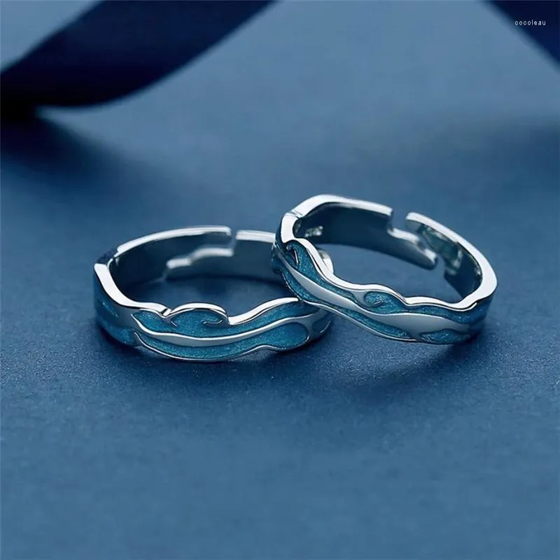 Clusterringe Sole Memory Blue Drop Glasur Wave Paar Ring Süße Romantische Silberfarbe Weibliche Größenverstellbare Öffnung SRI454