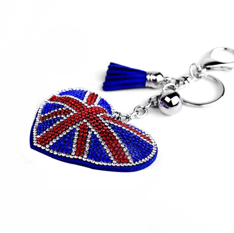 Creative british and american flag pattern Key Rings with filled rhinestone fashion bag pendant Ladies luggage car accessories