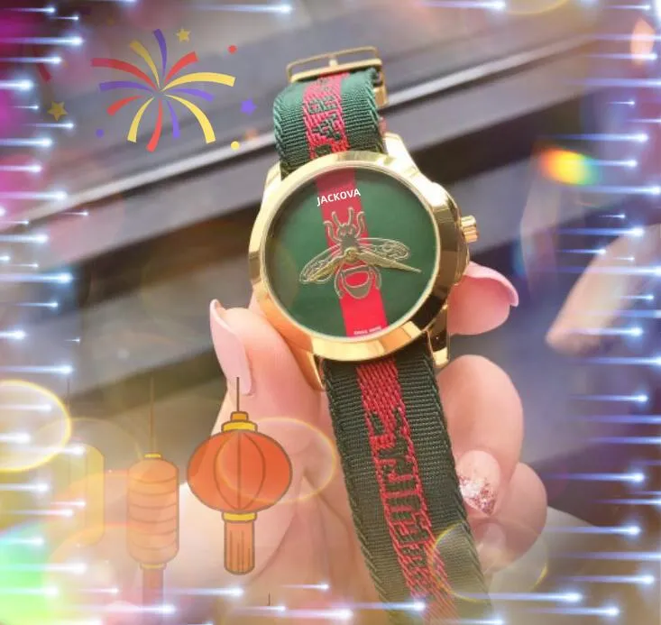 Modische Damen-Armbanduhr mit Bienen-Skelett-Zifferblatt, Iced Out, Quarzwerk, weibliches Geschenk, Bling-Rot-Grün-Nylongürtel, alle Krimi-Armbanduhren, Montre-de-Luxe-Geschenke