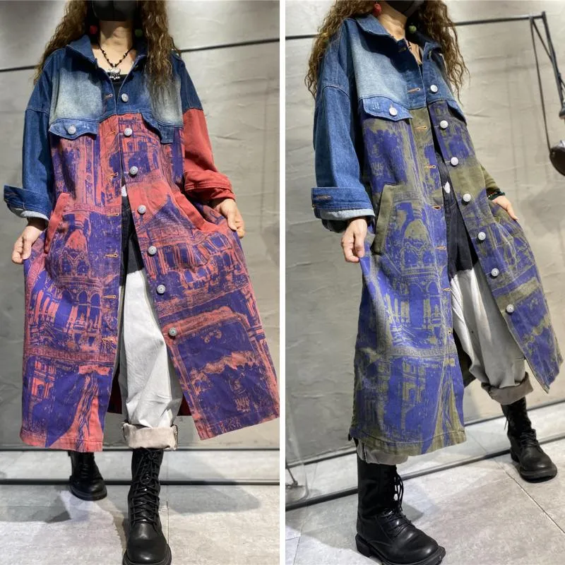 Women's Trench Coats Female Autumn Plus Size Retro Tie-dye Patchwork Outerwear Single-breasted Fashion Trend Loose Mid-length Denim