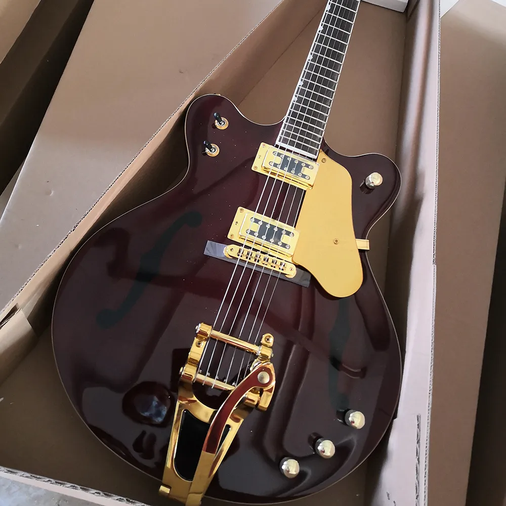 6 strings Dark Red Semi Hollow Electric Guitar met grote Tremolo Rosewood Fletboard Gold Pickguard aanpasbaar