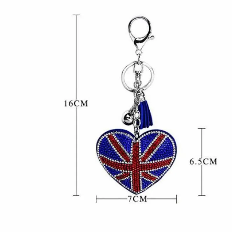 Creative british and american flag pattern Key Rings with filled rhinestone fashion bag pendant Ladies luggage car accessories