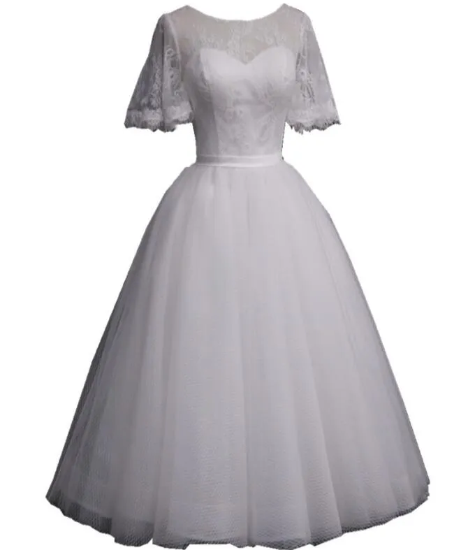 Jewel Tulle Tea-Length Lace Robe de demoiselle d'honneur à manches courtes Robe de mariée A-line