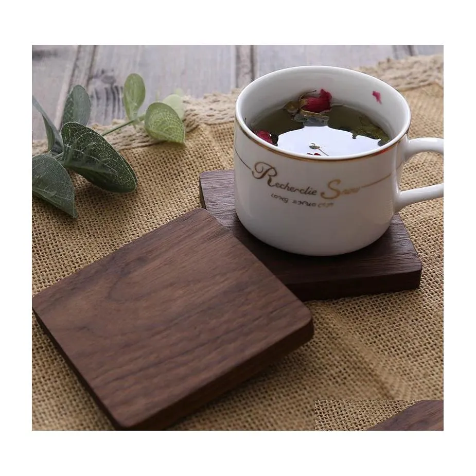 Tapis de table en bois 8,8 cm rond carré coaster bois de hêtre naturel tasse de noyer noir tapis tasses à café sous-verres bol assiette plat DHJ3O