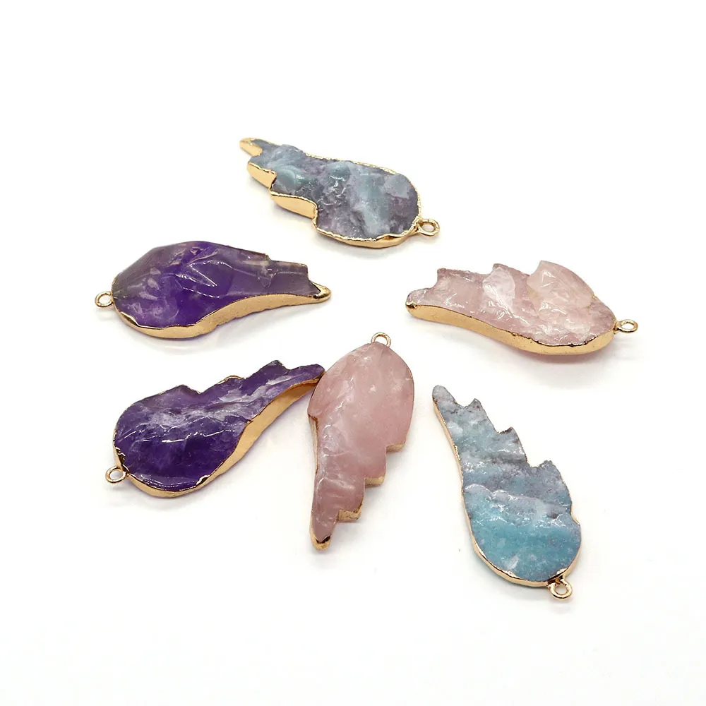 Natural Crystal Stone Wing Pendants Amethyst Rose Quartz Charms For DIY Necklace Earrings Jewelry Accessories