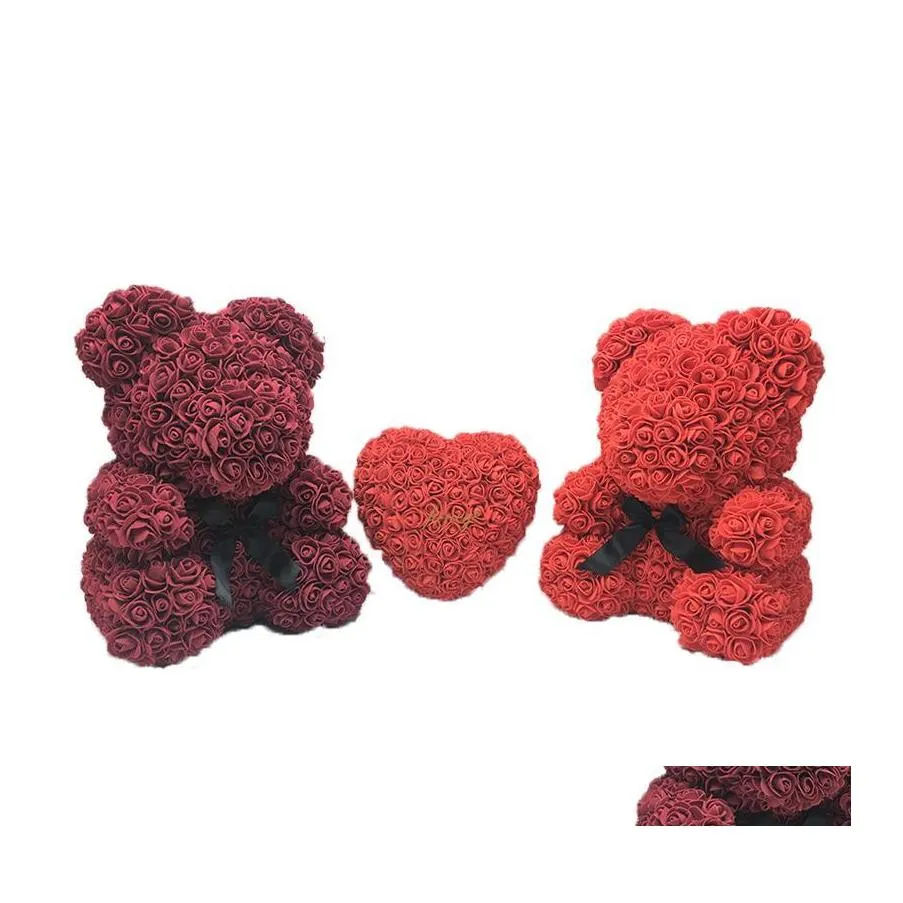 Decoratieve bloemen Kransen vallen kunstmatige zeep Rose Teddy Bear 25 cm Big PE met geschenkdoos voor Valentijnsdag Delivery Home Garden F OTVQ9