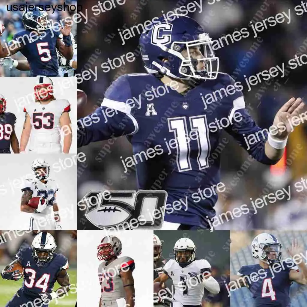 Jersey de futebol da UConn Huskies Robert Burns Cameron Hairston Jahkai Gill Steven Krajewski Brian Brian Brewton D.J. M