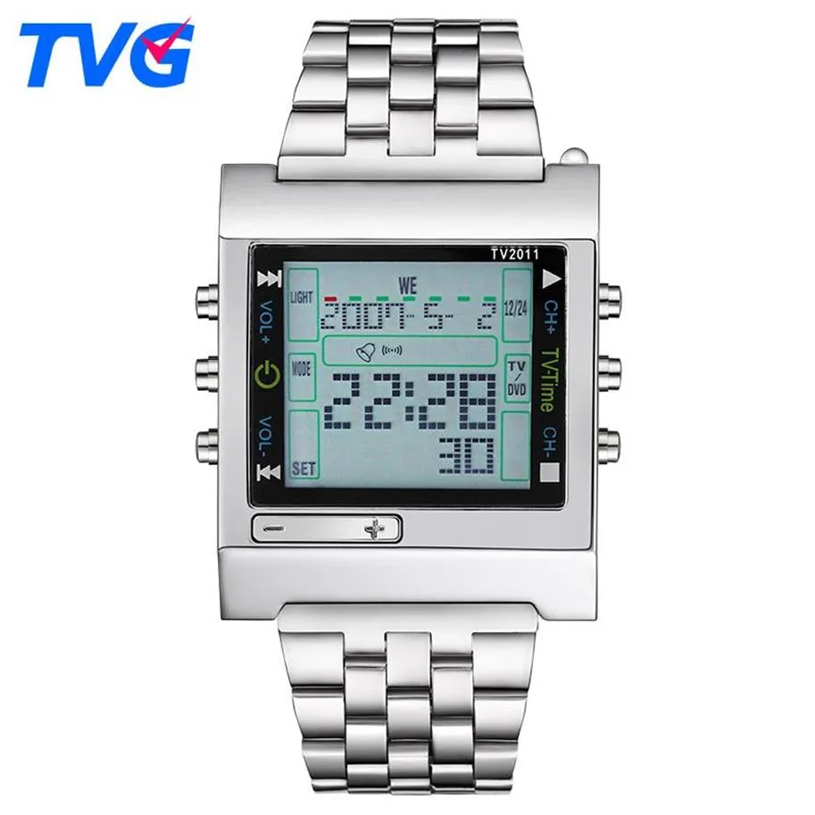 Nouveau rectangle TVG Remote Control Digital Sport Watch Alarm TV DVD DVD Men et dames en acier inoxydable Wristwatch289E