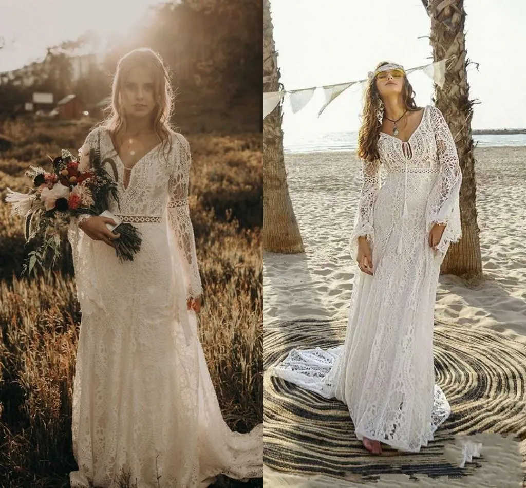 Abiti da sposa da spiaggia vintage in pizzo bohemien avorio Manica lunga con scollo a V Abiti da sposa Boho aderenti Abito da sposa stile country hippie Vestidos