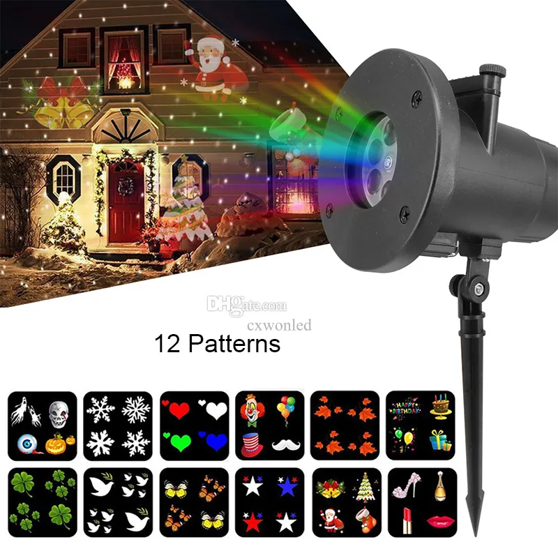 Proiettore LED Effetti luce RGB 12 pattern Lampada rotante sostituibile Luce paesaggistica per giardino Halloween Natale