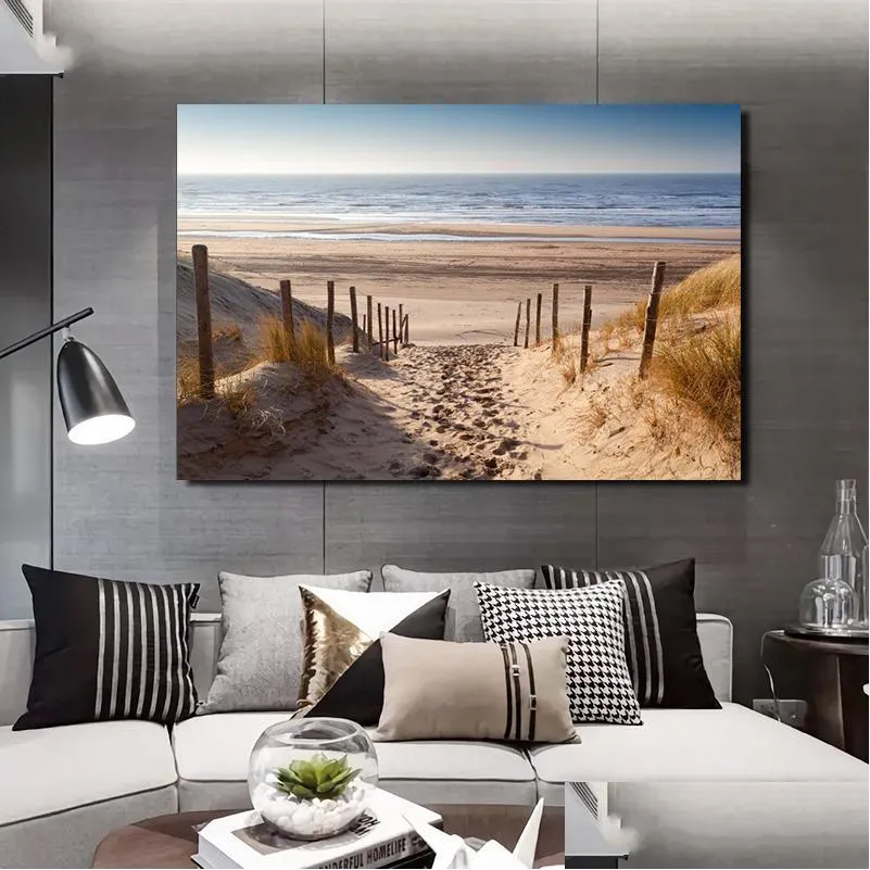 Pinturas nórdicas pôsteres mar lenas de paisagem pintando praia margem de parede de parede de parede sem moldura para sala de estar decoração de casa moderna dhjco