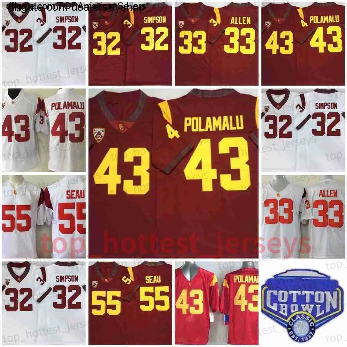 NCAA 43 Troy Polamalu Football Jersey USC Trojans 21 Su'a Cravens 32 O.J Симпсон 33 Маркус Аллен 42 Ronn