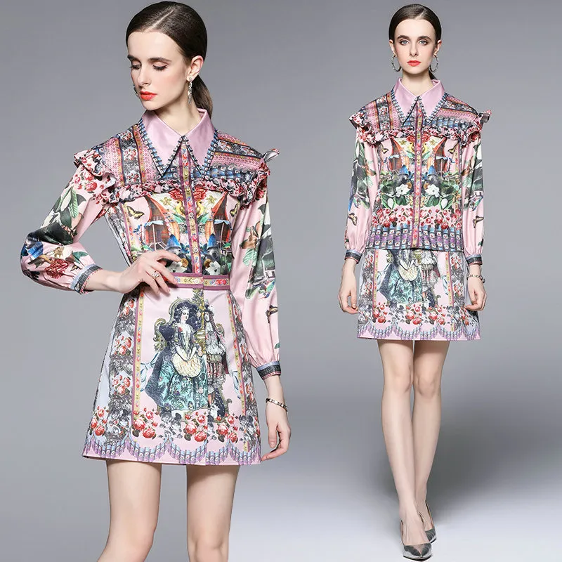 Girl Boutique Blus kjol Tv￥ bit upps￤ttning 2023 v￥r sommartryckt skjorta kjol upps￤ttningar avancerad trend lady ruffle l￥ng￤rmad kostymer