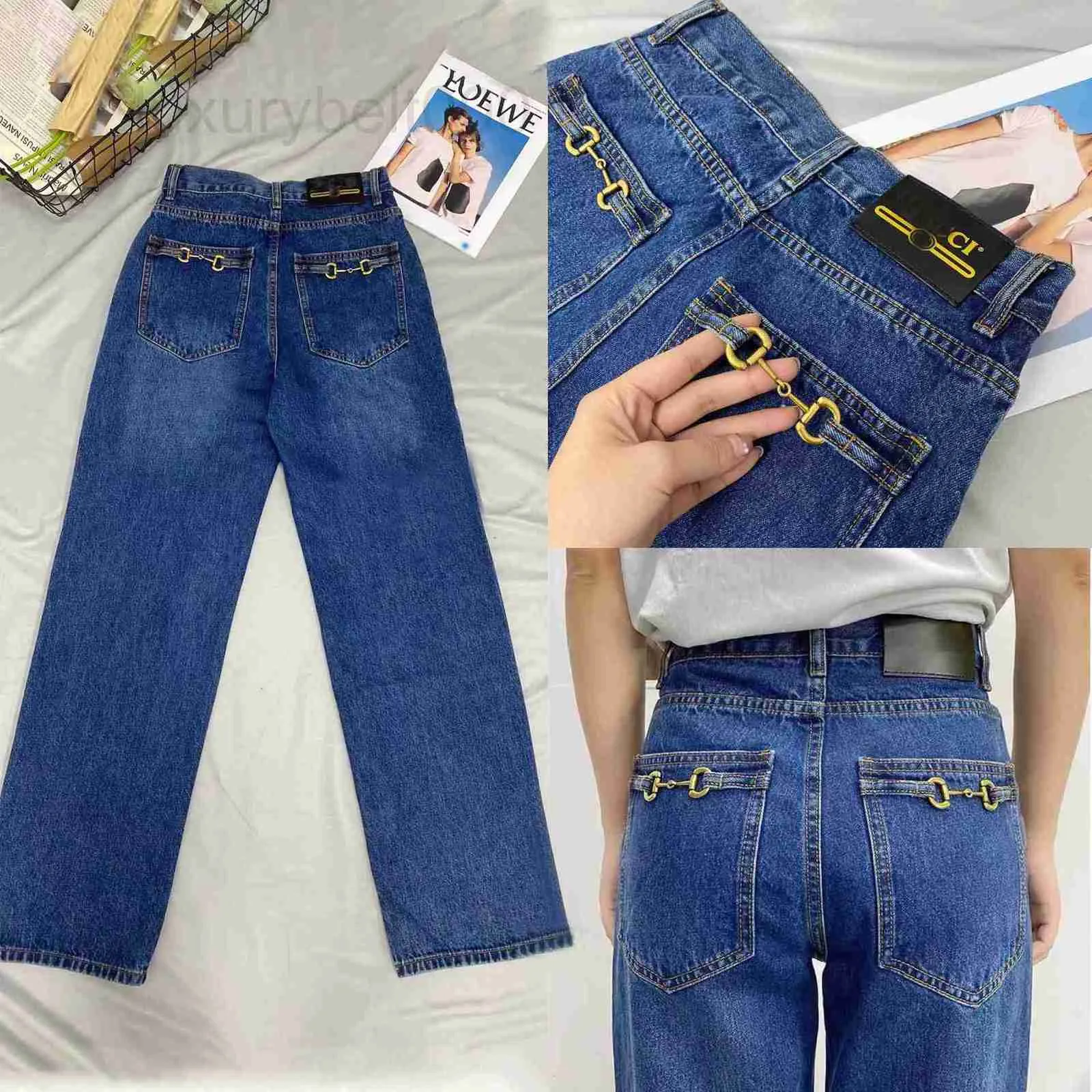 Women's Jeans designer Correct This G22 Autumn New Double Horse Buckle Chain High Waist Slim Straight Women 0YV0