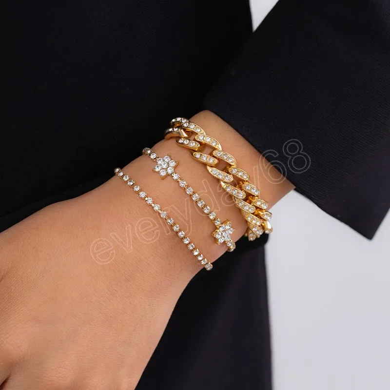 Shiny Rhinestone Bracelet Set For Women Trendy Hand Chain Chunky