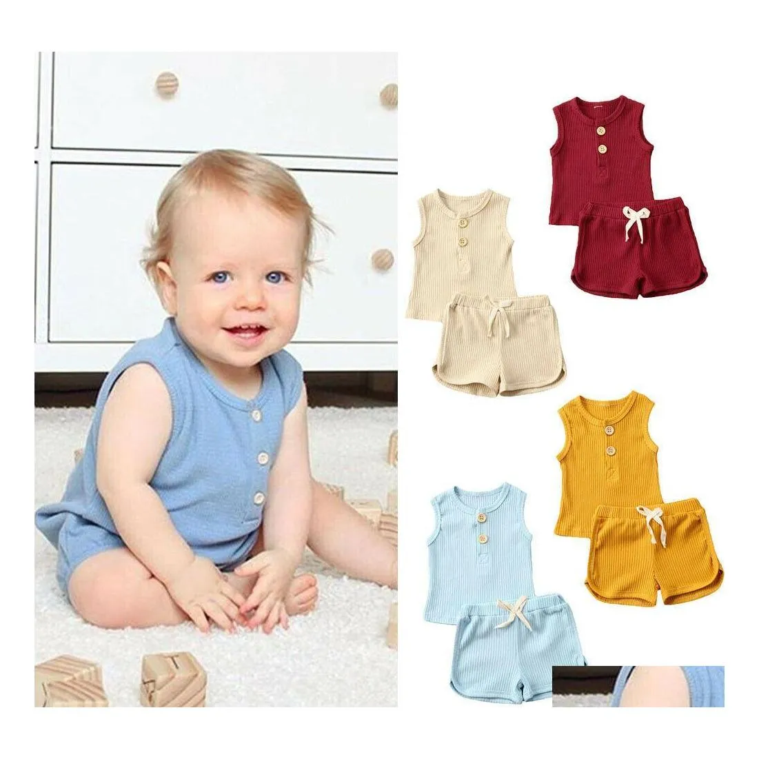 Ensembles de vêtements en gros bébé enfants filles garçons enfants costumes en coton sans manches boutons avant hauts bretelles shorts 2 pièces tenue d'été Dhzjh