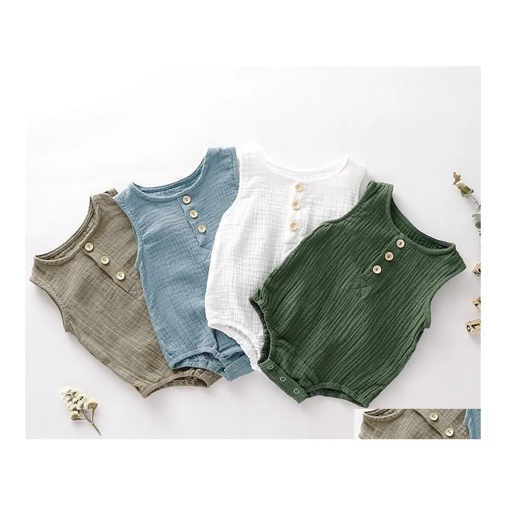 Rompers Baby Girl Kids Climbing Sleeveless Oneck Solid Collar Three Buttons Jumpsuits 100 Cotton Summer Infant Romper 02T Drop Deliv Dh6Rf