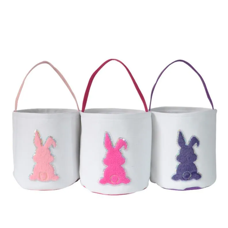 Easter Bunny Basket Hucket Sequines fyllda v￤skor Diy Tail Rabbit Ears Cartoon Canvas Storage Bag Cylinder Eggs Presentv￤ska barn Candy Totes Handv￤skor BC227