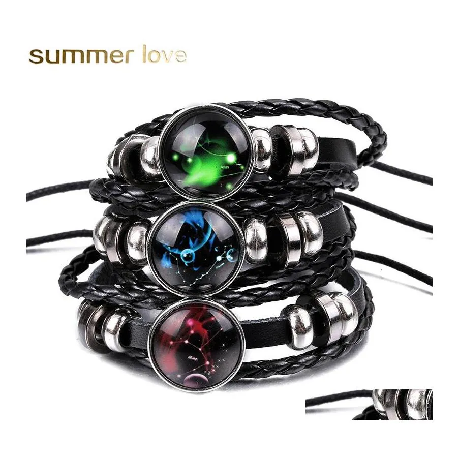 Other Bracelets Arrival 12 Constellations Luminous Bracelet Punk Black Leather Zodiac Alloy Bead Snap Buttons Charm Jewelry For Wome Ottr6