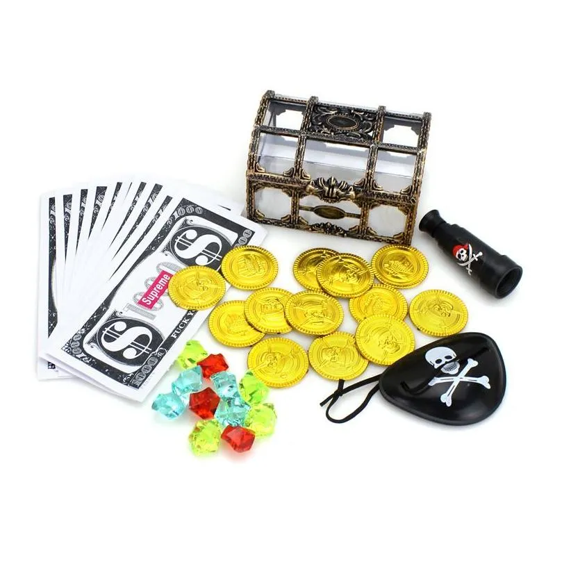 Halloween Supplies Nautical E Plastics Pirate Treasure Chest Box With Colored Jewels Plastic Gemsprops Money Gold Coins Telescope Wh Dhuek