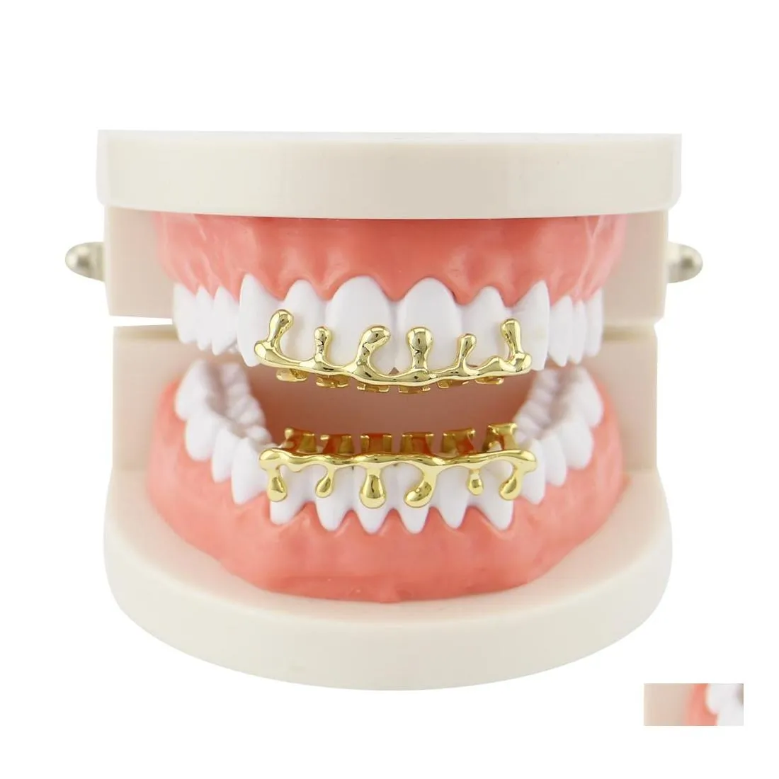 Grillz Dental Grills hip hop su damlası Grillz gerçek altın kaplama içi boş rapçi gövde mücevher dört renk altın sier gül silah siyah 6 otrht