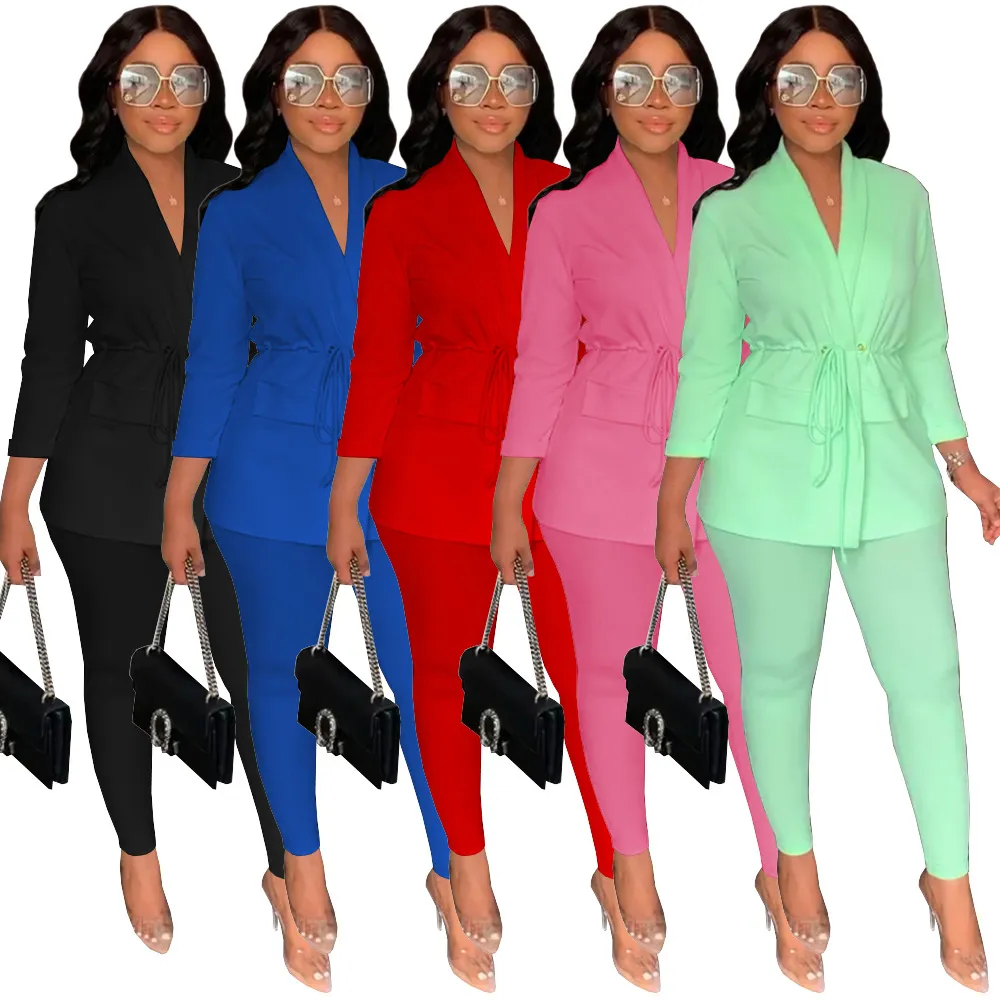 Slim Soild Costumes Casual Blazers Ensembles Femmes Deux Pièces Tenues Ensemble Porte Des Survêtements Féminins Navire Libre