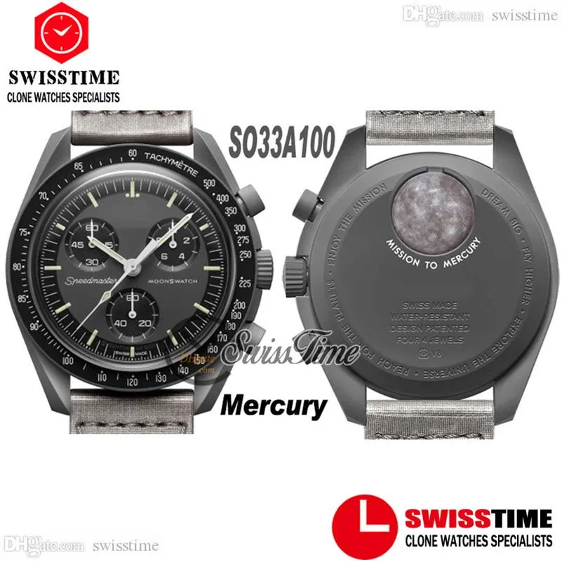 Bioceramic Moonswatch Swiss Quqrtz Chronograph Mens Watch SO33A100 Misja do Mercury Real Black Ceramic Metallic Grey Nylon z 221Q