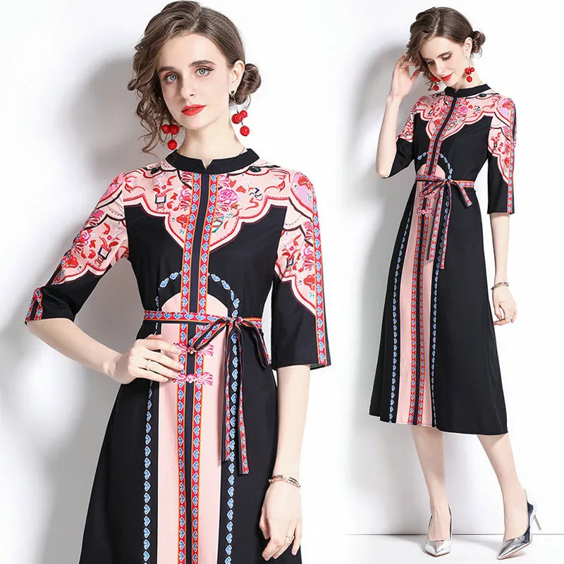 Kvinnor Boutique Shirt Dress 2023 Spring Summer Printed Dress High-End Elegant Lady Shirt Dresses ol Temperamant Dresses