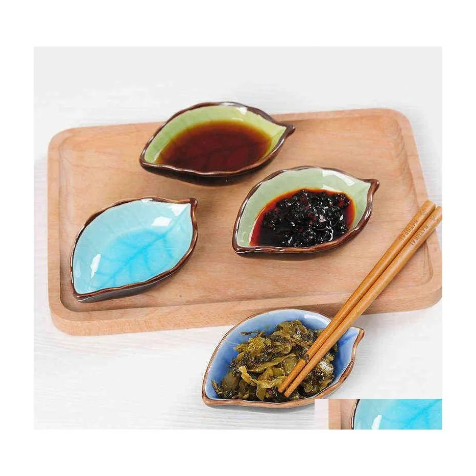 Dishes Plates 1Pc Leaves Ceramic Saucer Mtipurpose Small Seasoning Dish Crackle Glaze Sauce Vinegar Tableware Kitchen Accessories Dhp5W