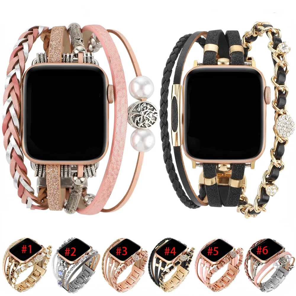 حزام مجوهرات سوار جلدي مضفر لـ Apple Watch 49mm 45mm 41mm 44mm 40mm 42mm 38mm نطاقات سيدات الاستبدال الماس لـ Iwatch Ultra 8 7 6 5 4 3 SE