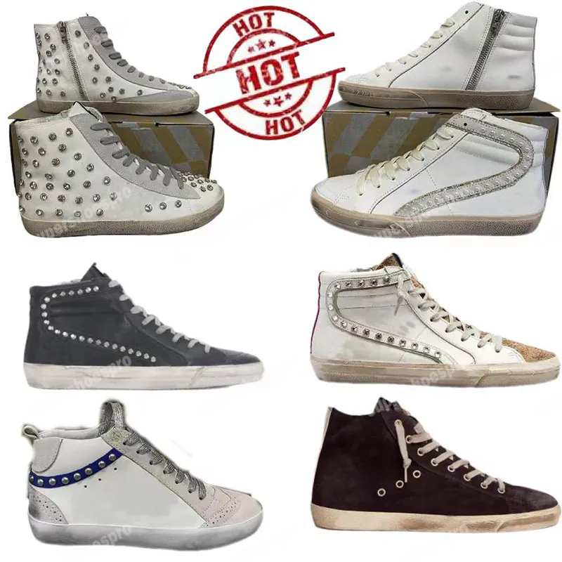 Dirty Casual Shoes Fashion Sneakers Lace-Up Shoe Suede Sneaker Soft Leather High-top Trainers Designer Trainer Sparkling Rivets Men Women Sport Outdoor Travel