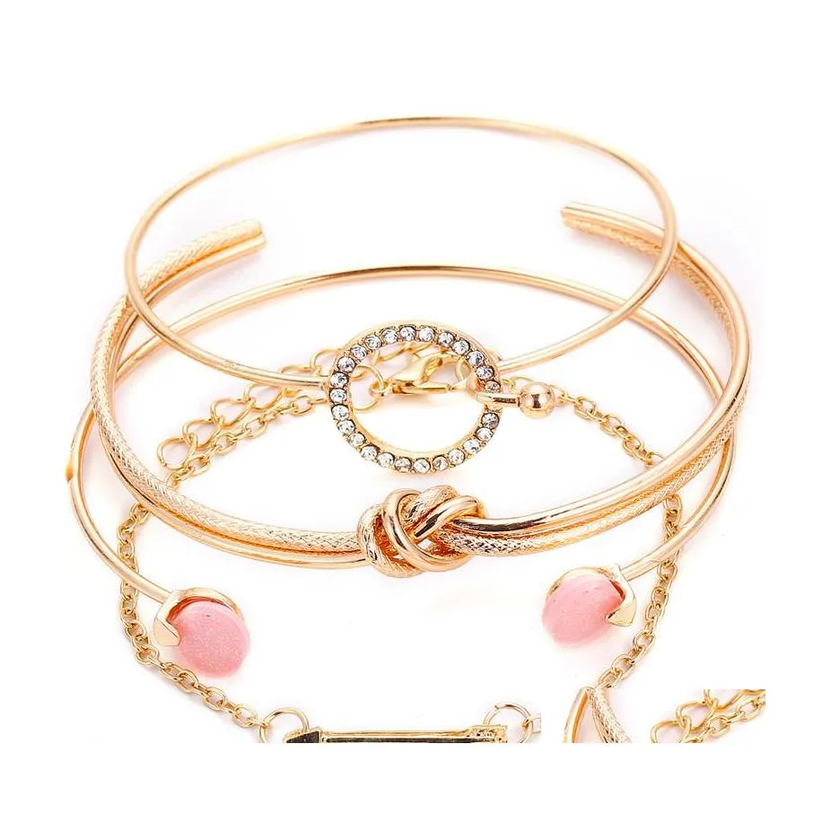 Charm Bracelets 4 Pcs/ Set Classic Arrow Knot Round Crystal Gem Mtilayer Adjustable Open Bracelet For Women Fashion Party Jewelry Gi Otyhp