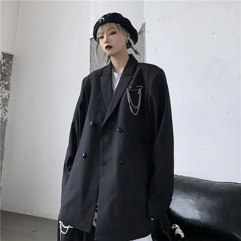 女性のスーツブレザーゴシックスタイルのブラックスーツジャケットは10代の女の子のためのファッショントレンドカジュアル服