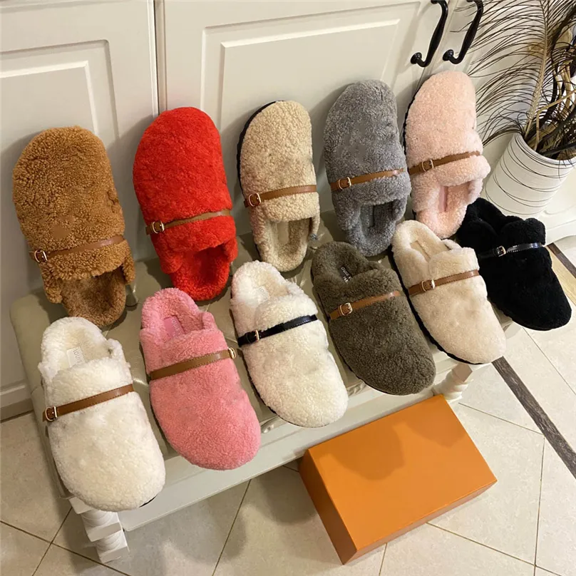 Luxury Designer Winterbreak Flat Comfort Tofflor Stövlar Mule Shearling Täckt fotbädd och sliten gummi yttersula Ull Tofflor Sneakers storlek 35-41