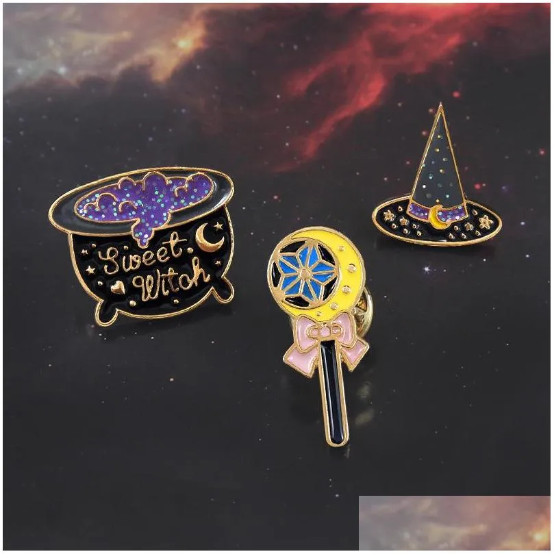 Pins Brooches Creative Cartoon Halloween Sweet Witch Magic Potion Hat Wand Brooch Pins Funny Letter Alloy Enamel For Boys Girls Gif Dhgas