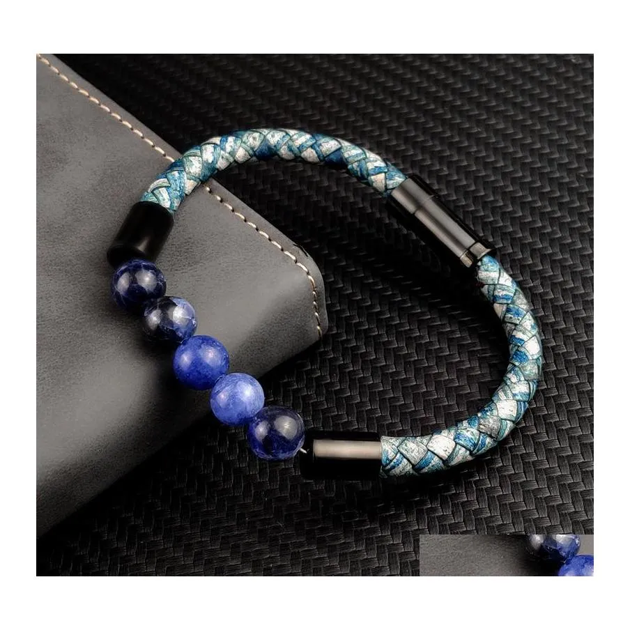 Bracelets à breloques Titane Acier Homme Chakra Bijoux En Gros De Seigle Noir Vcan Perles Braclet Pierre Cuir 594 T2 Drop Delivery Otzxi