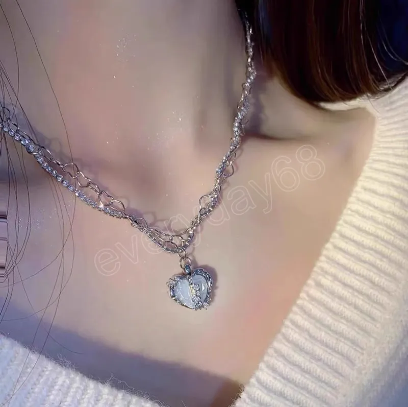 Korean Chic Silver Color Luxury Crystal Double Layers Heart Pendant Necklace Fashion Women Clavicle Chain Party Jewelry