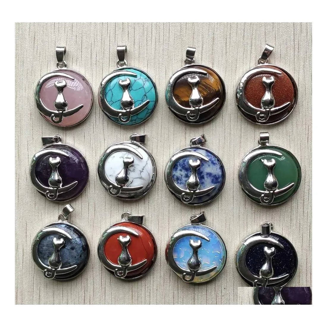 Charms Rond Triés Motif De Chat De Lune Pendentifs En Cristal De Pierre Naturelle Pour Collier Accessoires Fabrication De Bijoux Résultats De Livraison Drop Dhldq