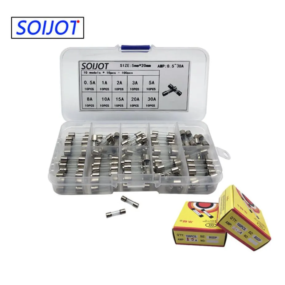 100pcslot set kit 5x20mm fuse ssorted kits diy quick tube fast glass fuses 05 1 2 3 5 8 10 15 20a 30a1434427